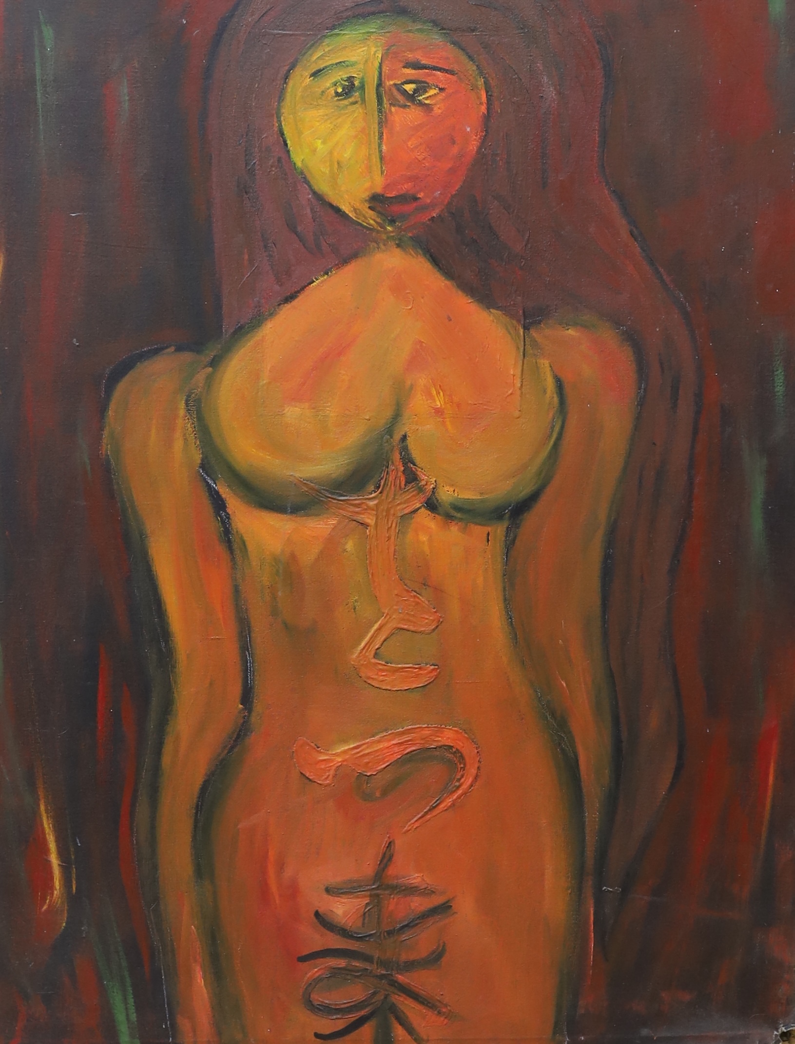 Modern British, oil on canvas, Study of a female nude, unsigned, 83 x 66cm, unframed